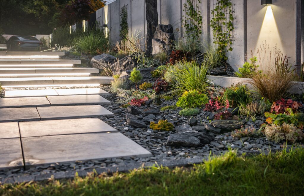 illuminated backyard garden by led lights