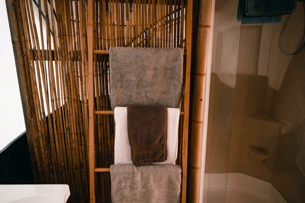 towels hanging near shower