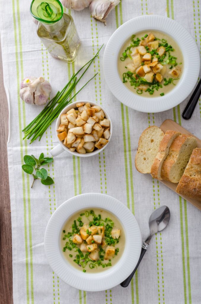 garlic soup with croutons spring onions and chives 1 1